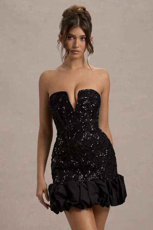 Nadia | Black Sequin Strapless Mini Dress With Ruffle Trim