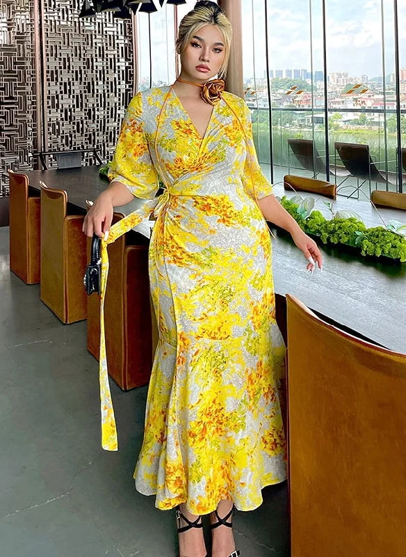 Naoum Plus Size Sun Bright Yellow Floral Front Cross V-Neck Short Sleeve Side Slit Long Dress