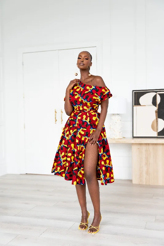 TURO African Print One-shoulder Midi Dress